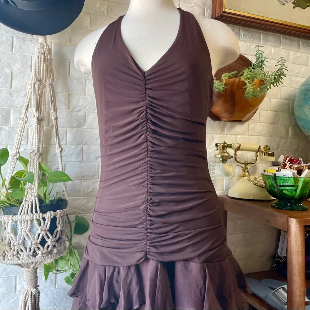 VTG Y2K BCBG MAXAZRIA Brown Ruched Halter Chiffon Ribbon Asymmetrical Dress - Picture 3 of 16